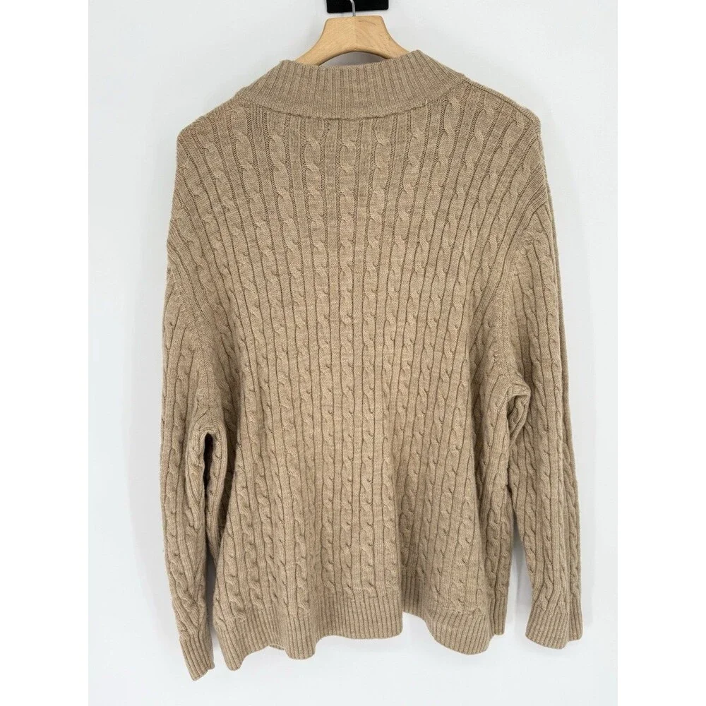 Lands End 100%‎ Wool Cable Knit Sweater Mens XXL Tan Preppy Fisherman 3/4 Zip